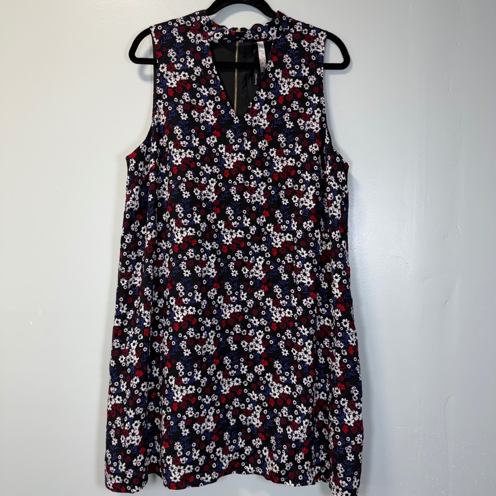 Kensie Womens Floral Sleeveless Mock Neck V-Cutout Shift Dress Blue Red White XL